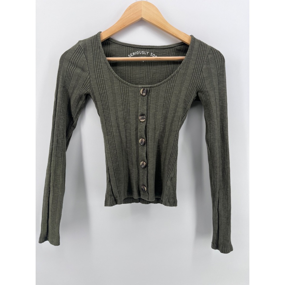 Aeropostale Seriously Soft Ribbed Button‎ Front Top Olive Green S Fall Cozy